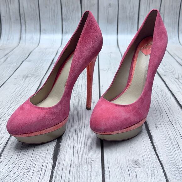 BRIAN ATWOOD Fontanne Suede Pink Orange Platform Stiletto Pumps Size  7 1/2 - Picture 11 of 12